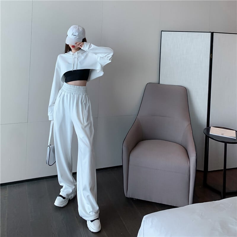 秋のスポーツスタイルのスーツフード付きショートセーターハイウエストワイドレッグパンツ女性2020新しいカジュアルファッションツーピーススーツ ブラックストロベリース57635414762