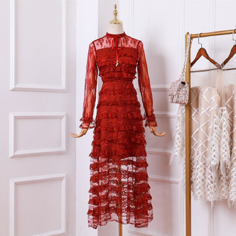 ワンピース 無地 長袖 レース 赤 ロング パーティー 女性らしい 魅力的な姿になろう レッド ブラック S M L Dresszone