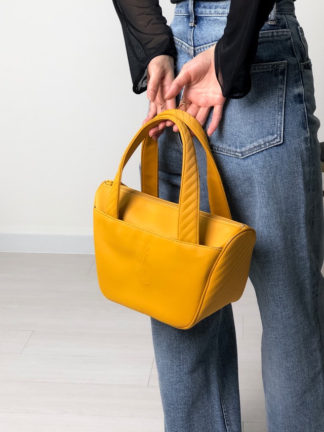 Yves Saint Laurent イヴ・サンローラン ハンドバッグ イエロー YSL型押し レザー vintage ヴィンテージ オールド et22xs