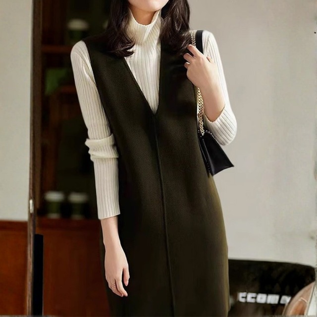V neck elegant slim wool dress ( 3color )