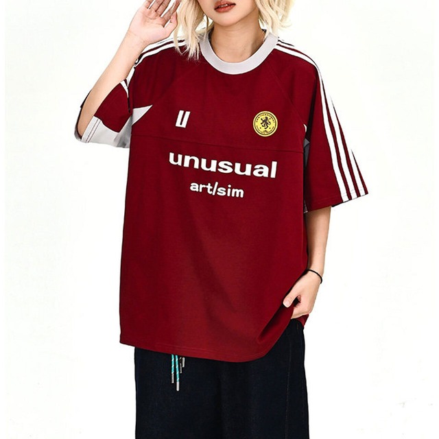 ラインスリーブエンブレムスポーティーTシャツ 2col   R02052