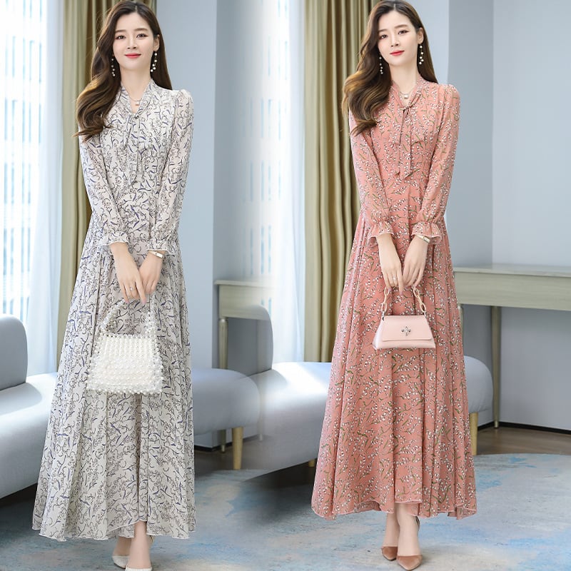 きれいめワンピース 細見え シフォン フレア 花柄 長袖 マキシ丈