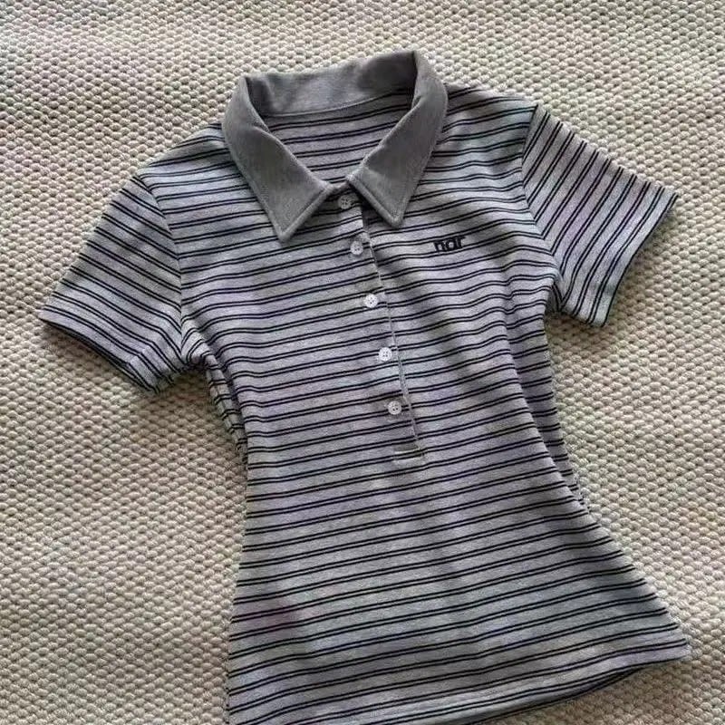 レディース ストライプ ポロシャツ 半袖 レトロ プレッピー 原宿 韓国風