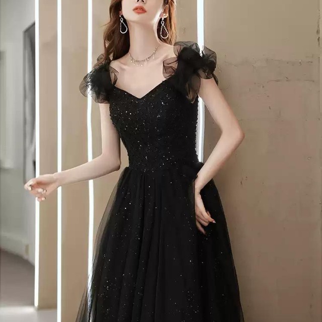 フリル袖ラメドレス ブラック/レッド CL0008