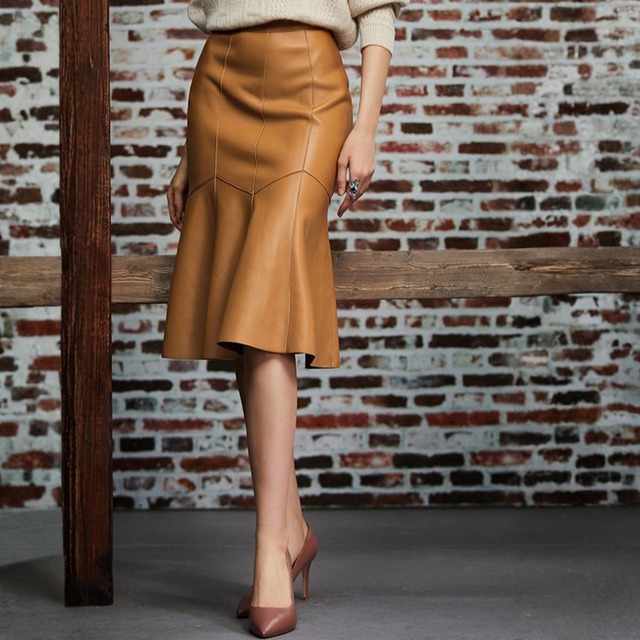 High waist elegant flare leather skirt
