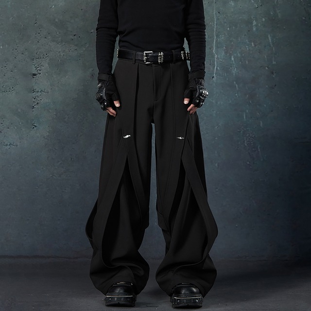 ☠かっこいい！【入画シリーズ】★カジュアルパンツ★ ユニセックス ボトムス ズボン スラックス ブラック 黒い