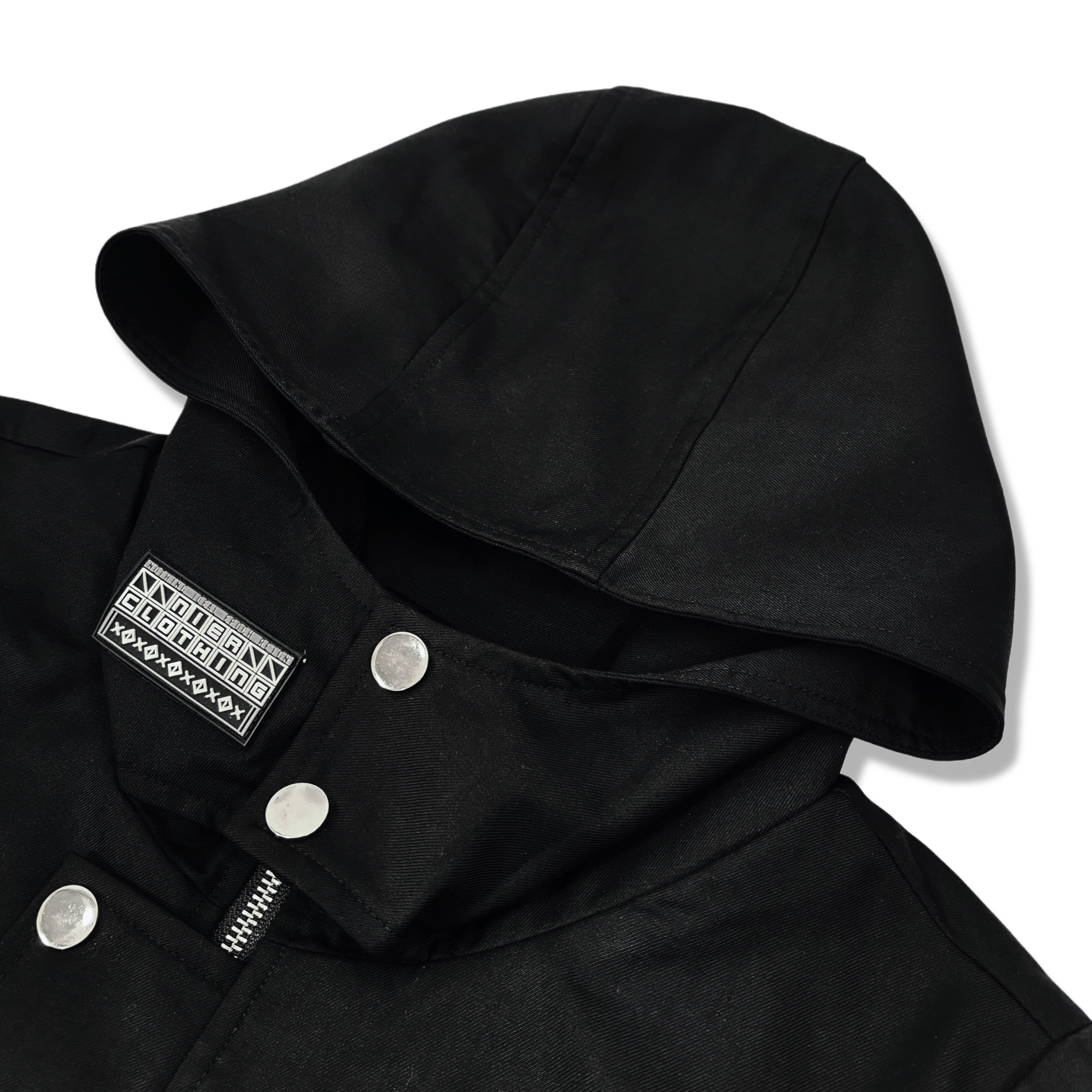 フード付きBLACK HIGHNECK SPRING LONG COAT【RUBBER LOGO】 | NIER