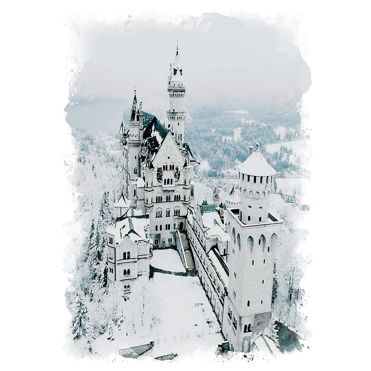 絵画 風景画(街並み) 冬 雪のドイツ ノイシュバンシュタイン城 
