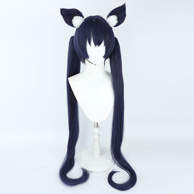 コスプレ耐熱ウィッグ ネイビー ツインテール バンス 猫耳付きウィッグ