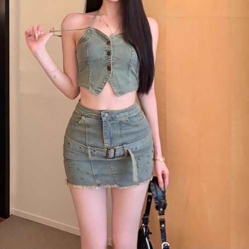 【2点セット】Wストラップキャミ＋スタッズデニムスカート ・12009