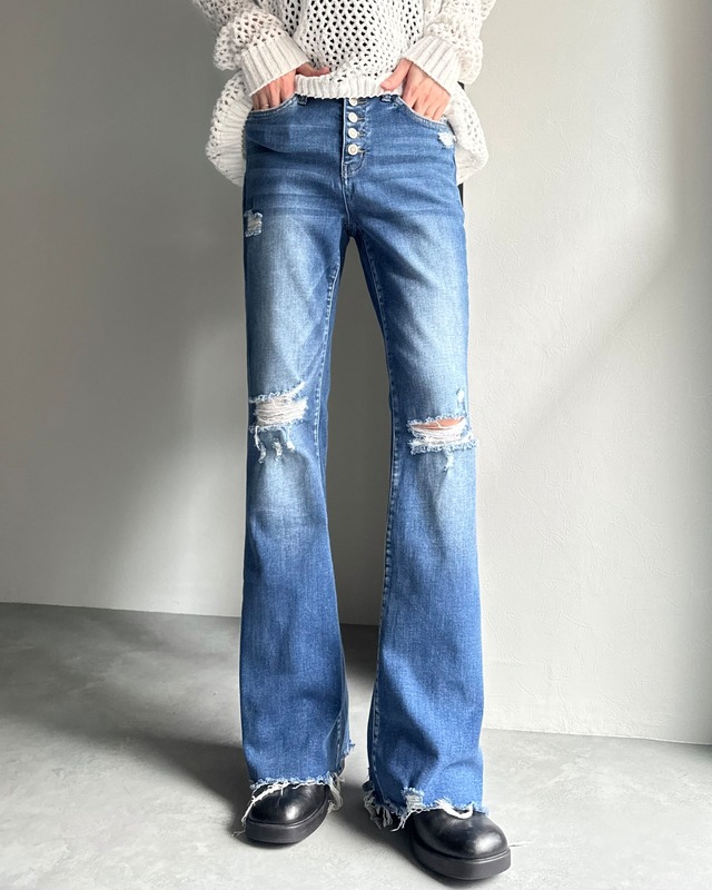 damage stretch slim flare denim / blue