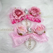 ♡【全2色】姫GAL 薔薇付き クリスタルビジューティアラ&パールドロップ フリルリボンネックレス pink ♡