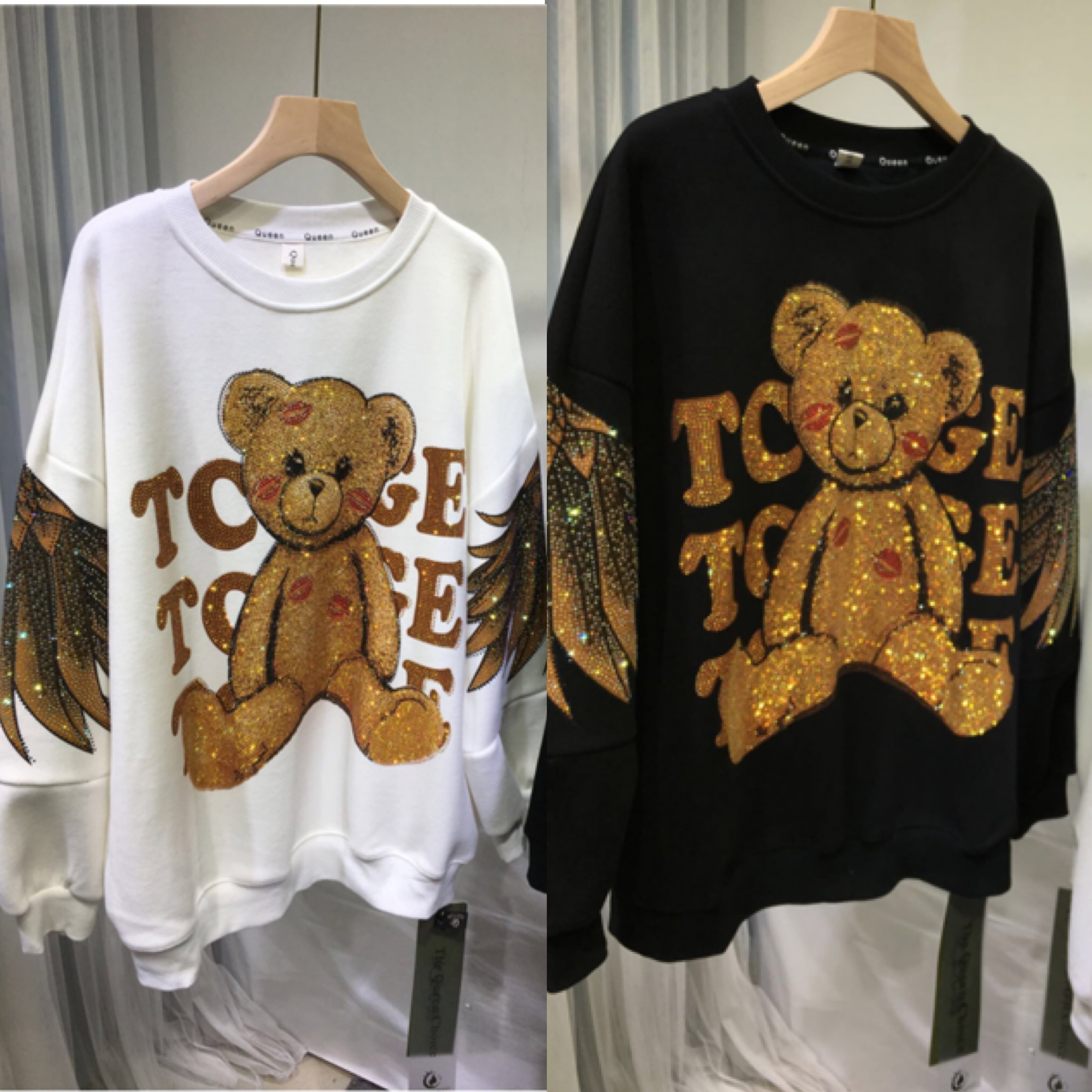 2カラー 】キラキラ ラインストーン くまさん パーカー トレーナー 白 