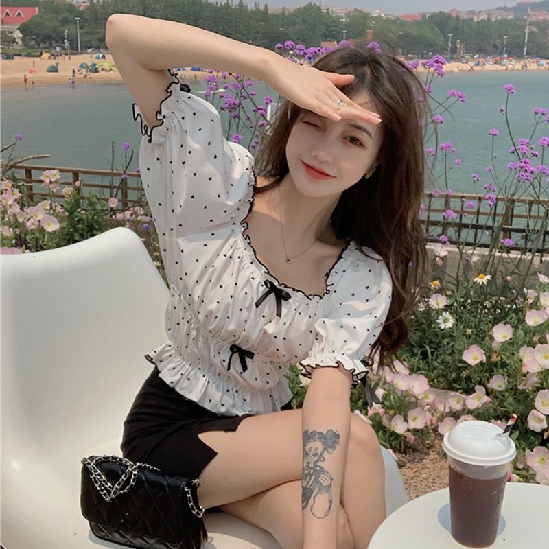 トップス サマーサイド水玉リボンシャツ ショート 大人ガーリー スウィート キュート カジュアル 夏物 萌量不足49731416484