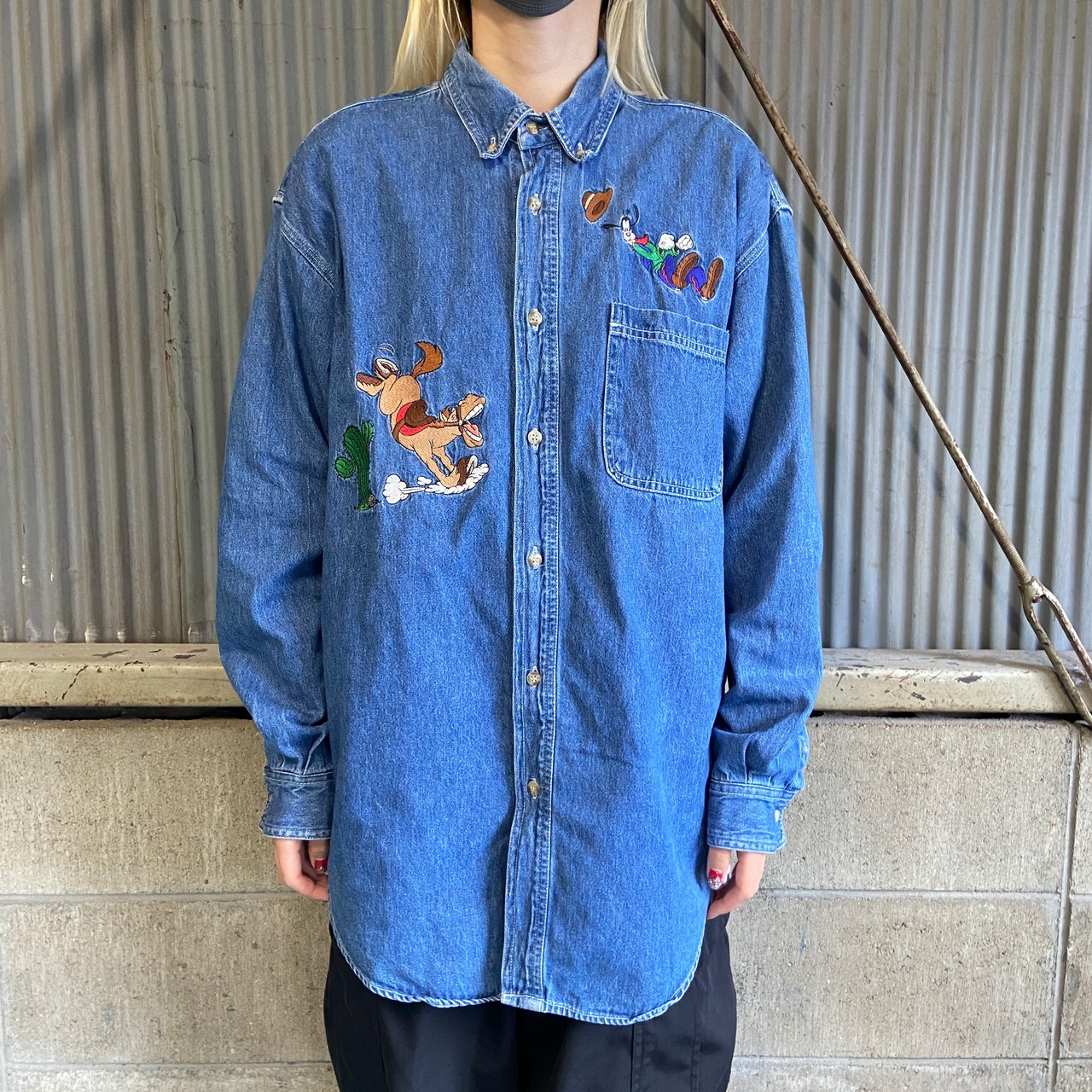 90年代 THE DISNEY STORE ディズニー グーフィー 刺繍 長袖 デニム 