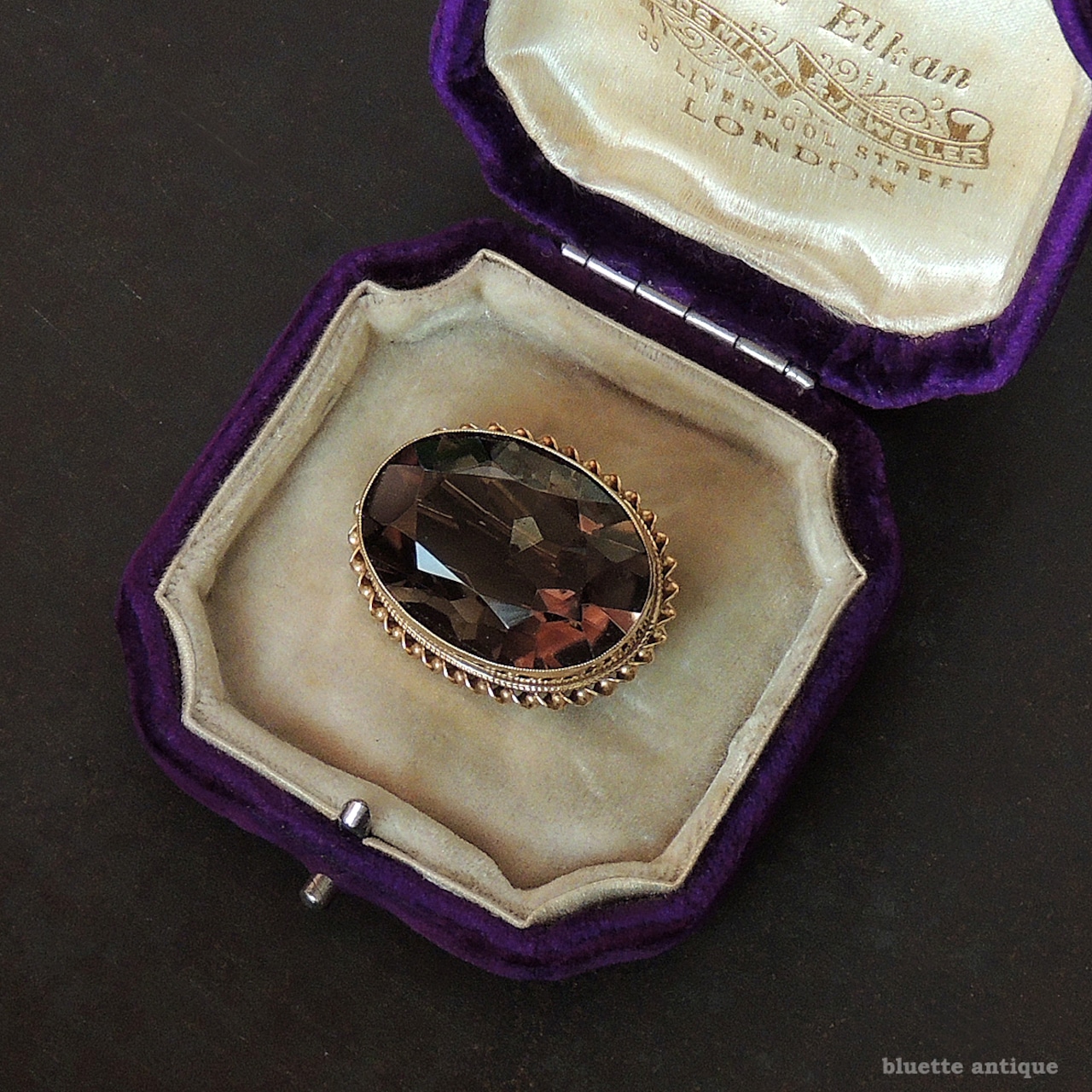 英国ヴィンテージジュエリー 9ctゴールド 天然スモーキークォーツ レースピン ブローチ (ソーティングメモ付)