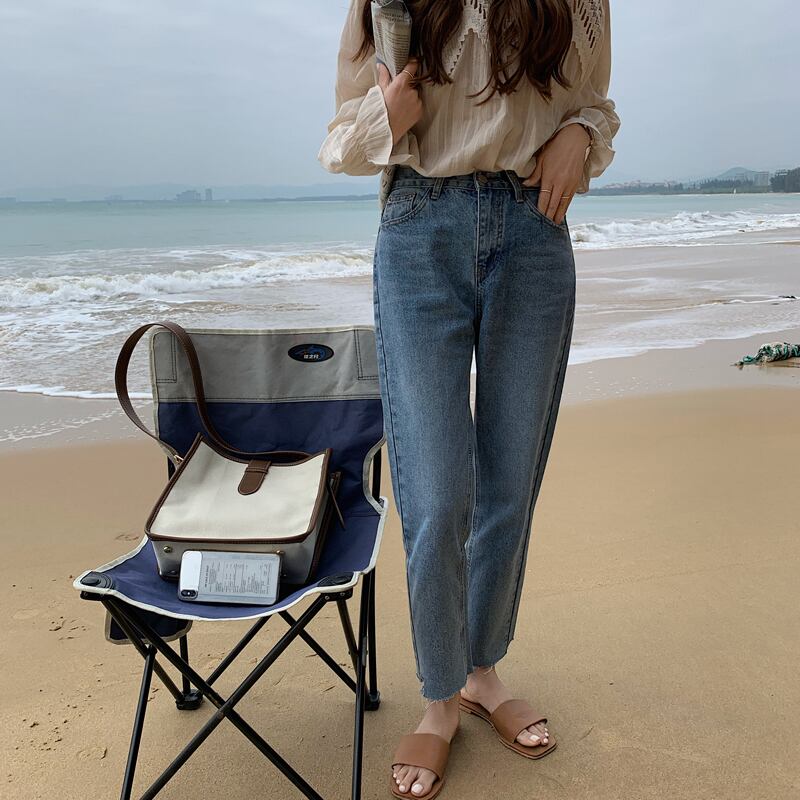 クロップドハイウェストパンツ 薄手スプリングジーンズ レディース 春物 ビッグFスモールZ韓国15562980691