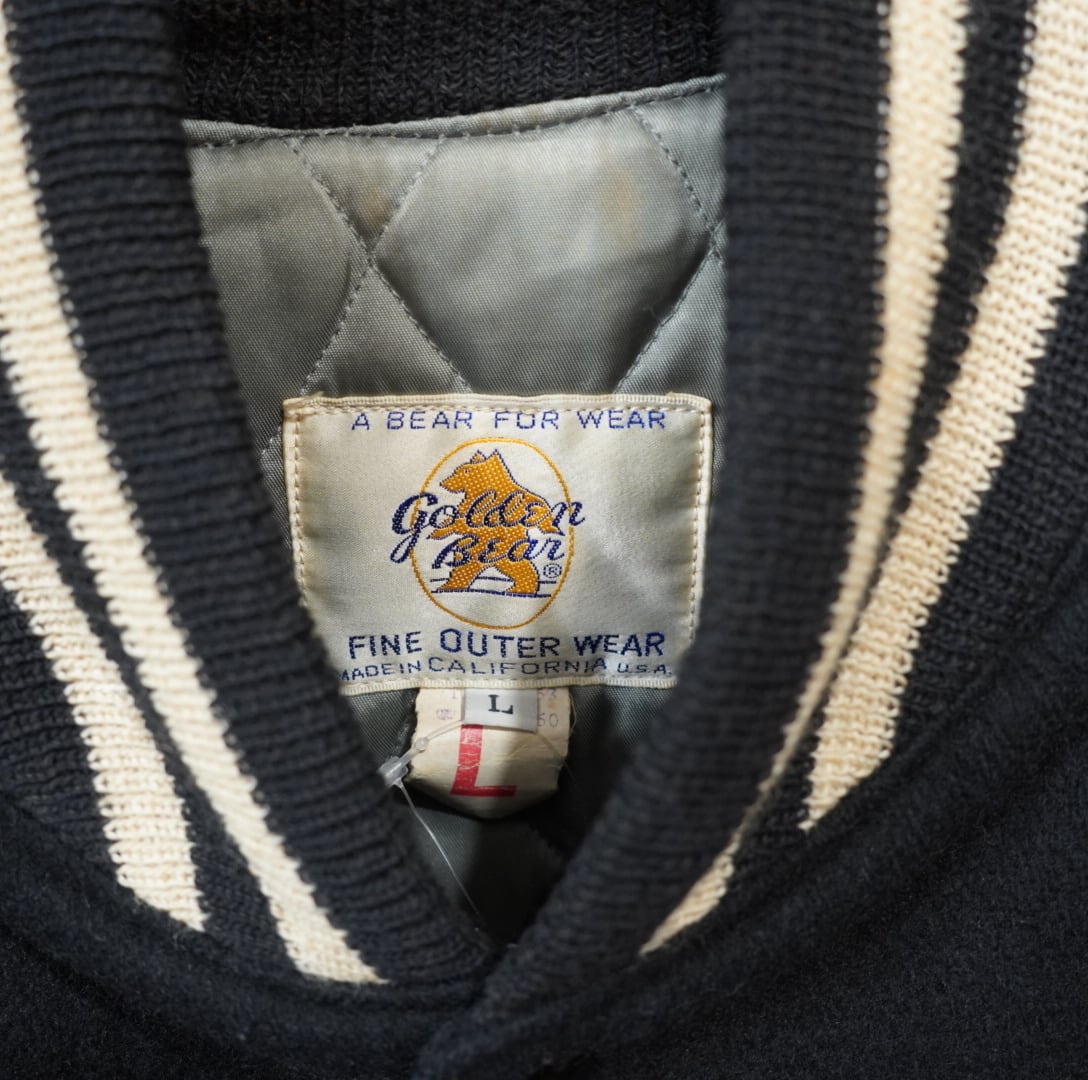 70s80s golden bear 袖レザースタジャン 黒白 L/usa製 無地 ゴールデン