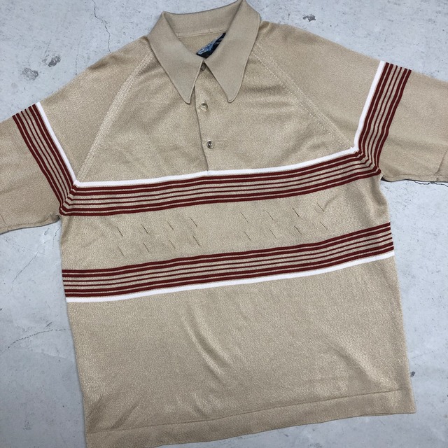 1970s JC PENNY BEIGE×BROWN BORDER POLY POLO SHIRT