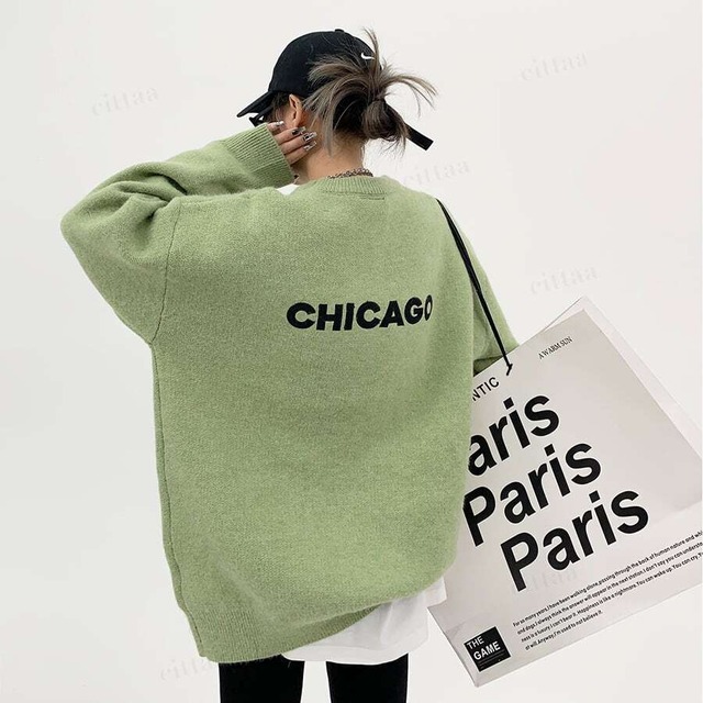 ★予約★D-478　2026秋冬新作♡CHICAGOバックロゴ刺繍ニット　グリーン