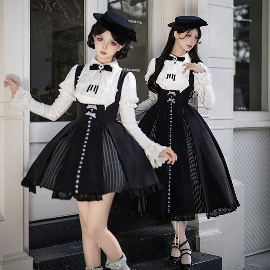 クラロリ5点セット ロングスカート 黒×白 編み上げロングJSK ブラウス