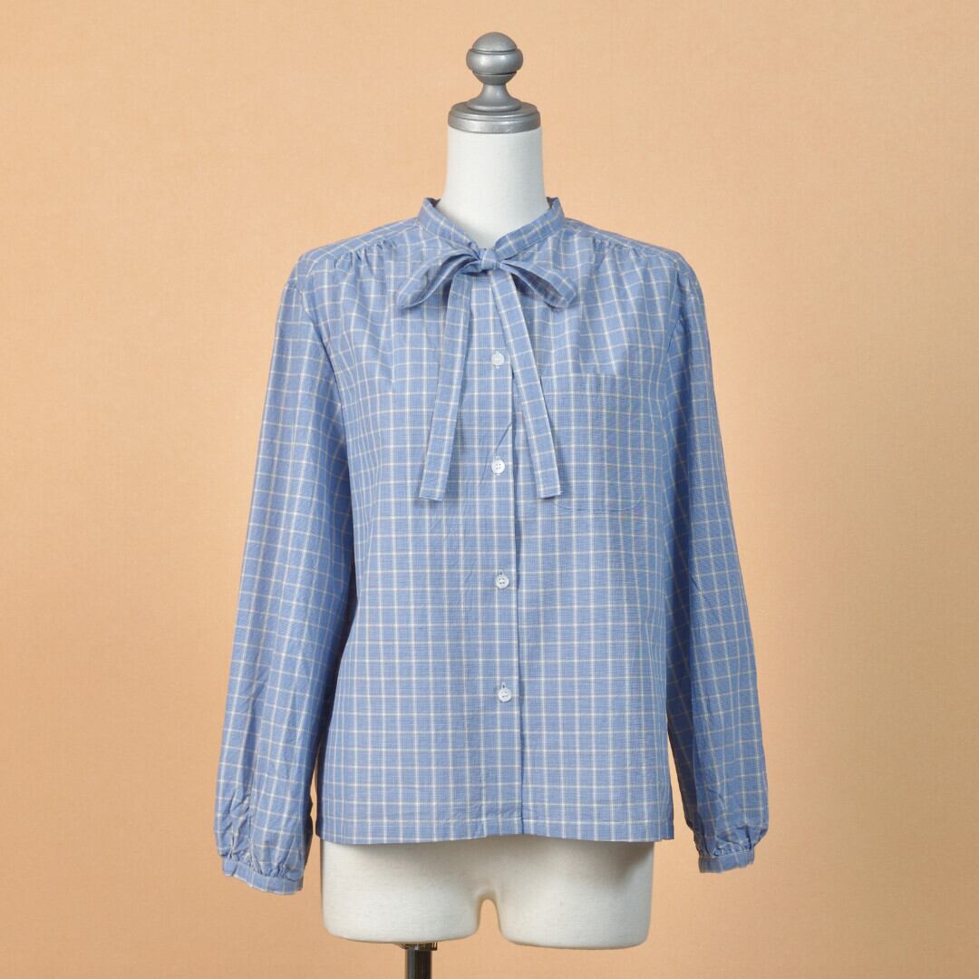 Sarahwear サラウエア 「Marin」パターンポプリン・ボウタイブラウス C52911・ブルーチェック 可愛過ぎないギャザーブラウスです。