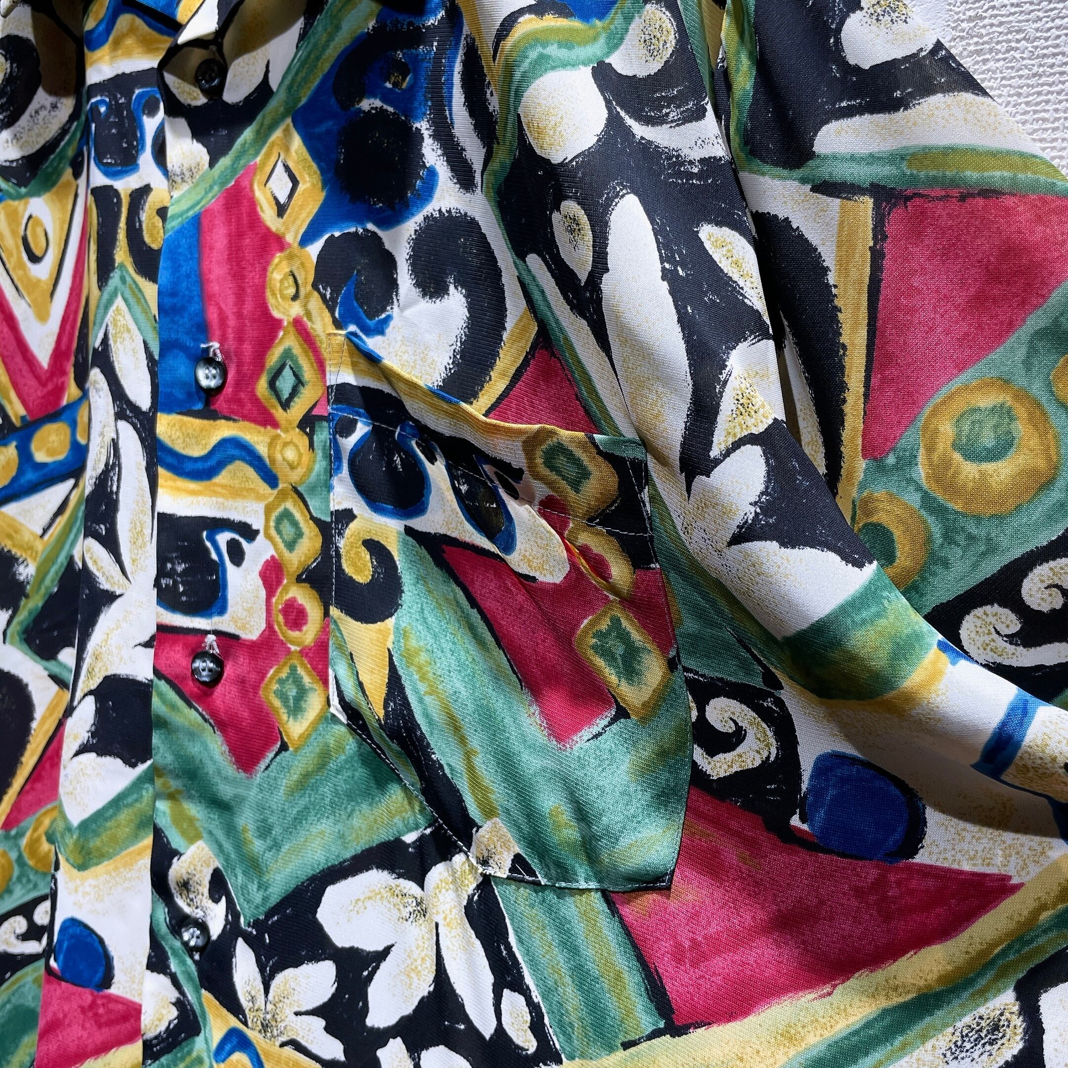 1990s Psychedelic art pattern Design vintage Drape loose Open collar shirt