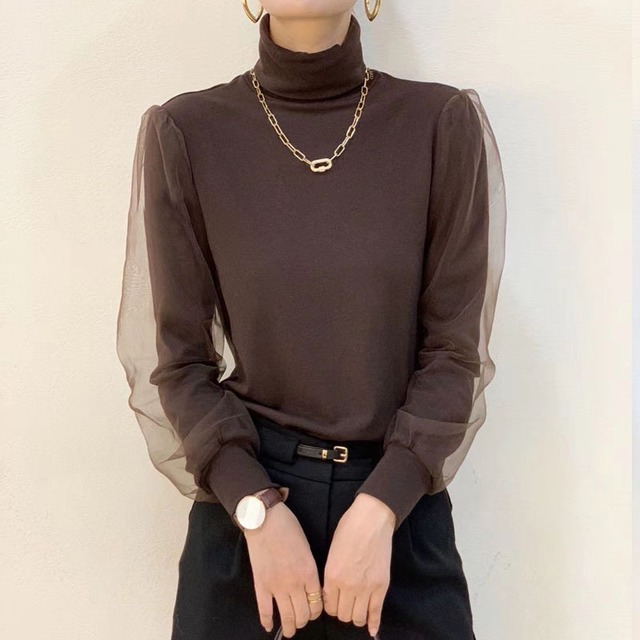Tulle sleeve high-neck T-shirt TP-20-0011