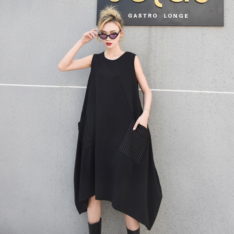 サマースカート ストライプポケットルーズノースリーブドレス 大きめサイズ 夏物 ステッチ ラブタオタオダレンハウス60286372684