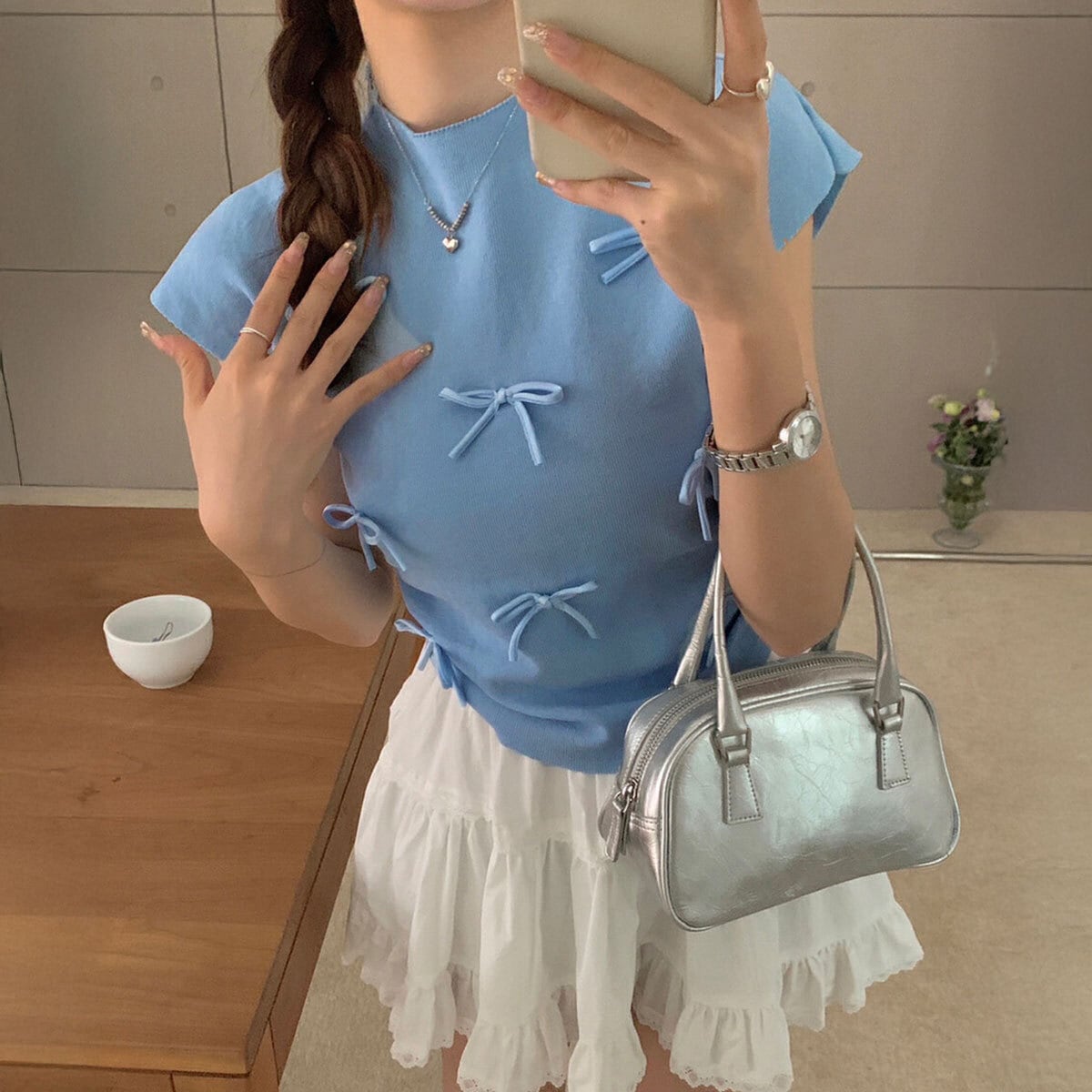 リボン付き ニット 半袖 レディース 春夏 韓国 大人 かわいい おしゃれ