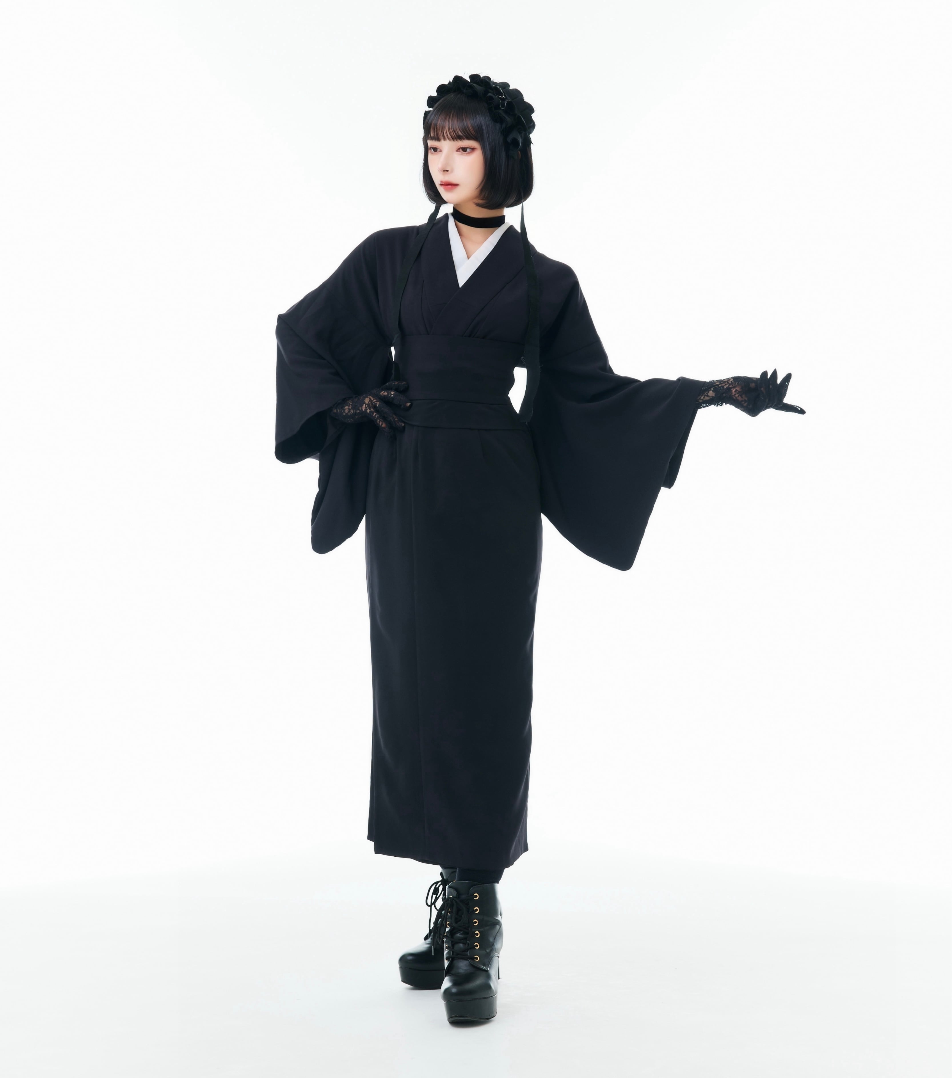 MISAMARU ショート丈の着物 ブラック 男女兼用】半着物 ブラック | MISAMARU