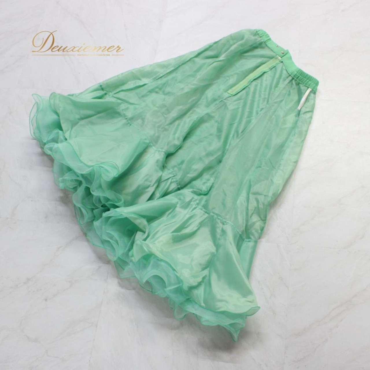【美品 社交ダンス衣装】上下セット レッスンウェア 練習着 U:NA ユーナ Mサイズ 黄緑 清楚 ミントグリーン ラインストーン