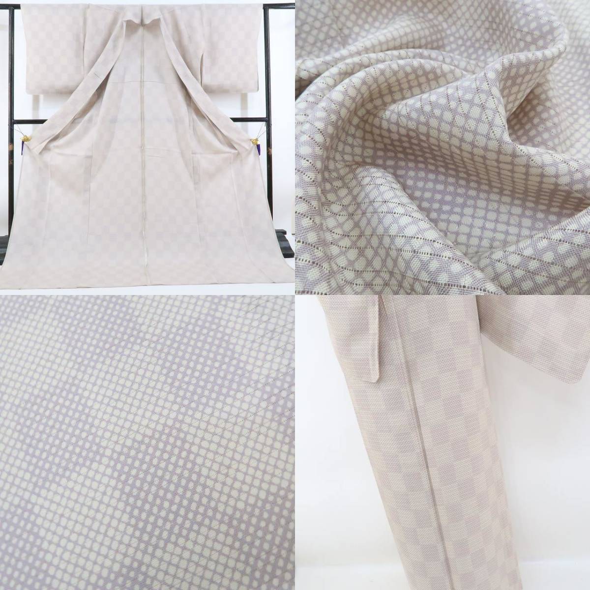 新品 絽 夏着物“モダン格子”仕付け糸付 正絹 トールサイズ 小紋 1665