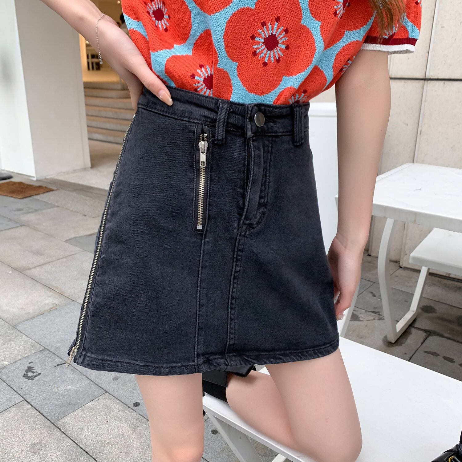 サマースタイルスタンダードハイウェストウェスト薄手Aラインスカート ブラックショート レトロ 夏物 6Du_Shop_Women29621379932