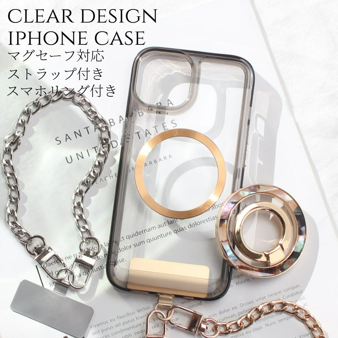 iphoneケース クリア リング付き iphone16 iphone15 iphone14 13 12 mini チェーン ストラップ magsafe マグセーフ マグネット アイフォン 16 15 14 SE 11 ショート ストラップ付き 16pro 15pro 14pro リング スタンド 13mini se3 se2 べっ甲 レディース メタリック 送料無料