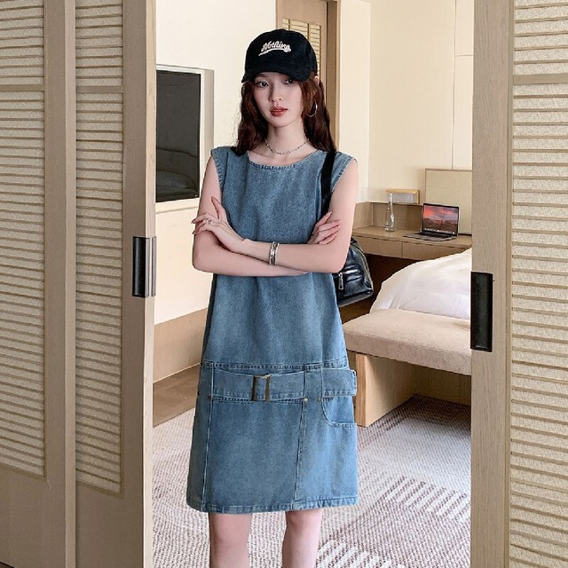 ワンピース デニム ノースリーブ ゆったり カジュアル ブルー S M L XL