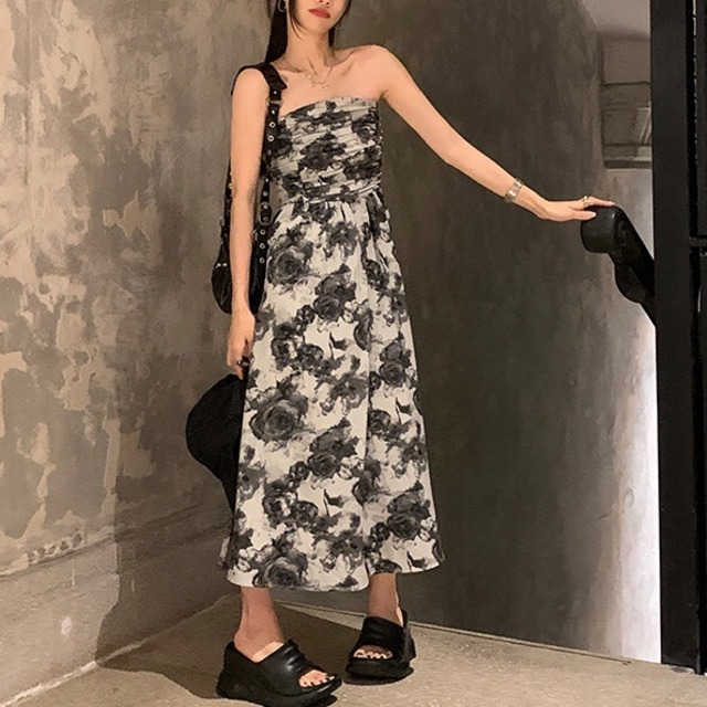 tube top rose print dress　10295