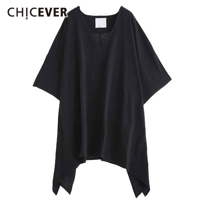 CHICEVERイレギュラーTシャツVネックスリークォータースリーブスプリットオーバーサイズTシャツ夏の女性 サマー 夏物 6base594336787192