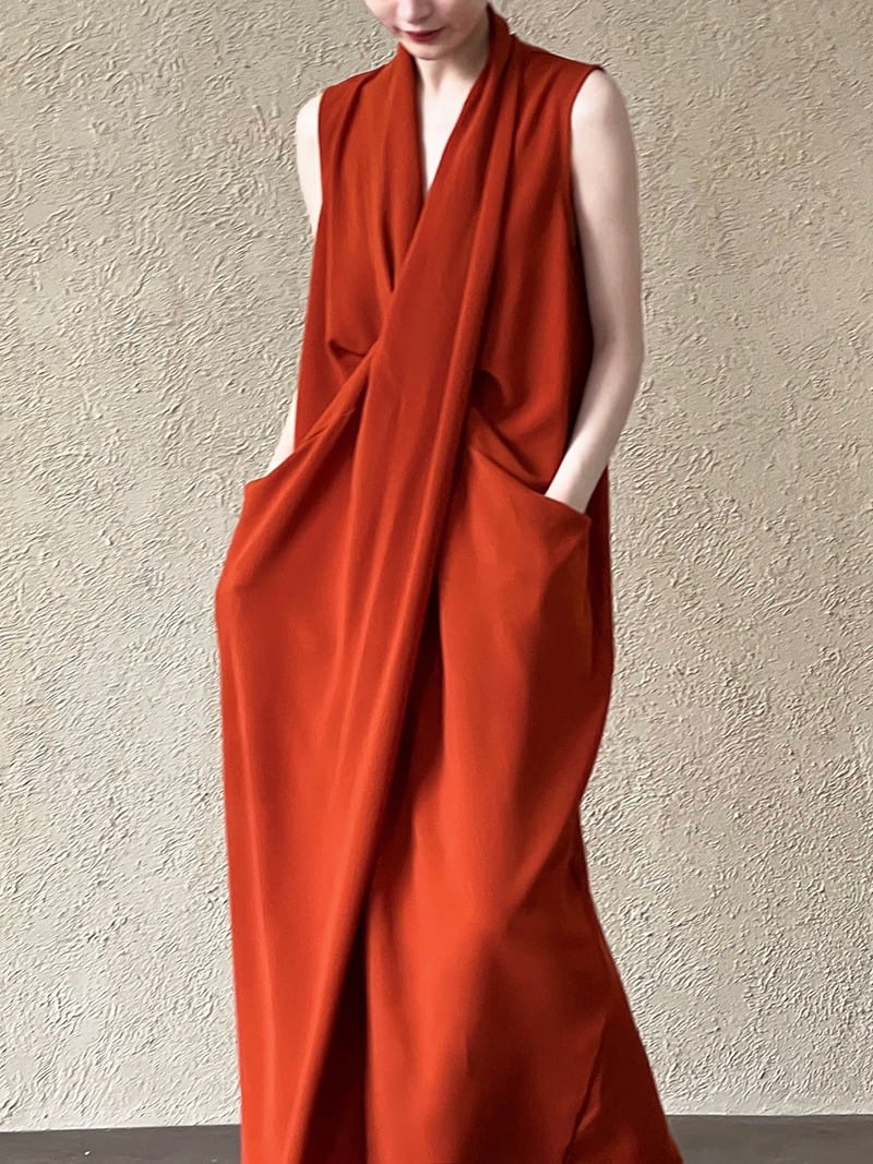 Retro style V-neck sleeveless twisted waist dress 2color [T2378