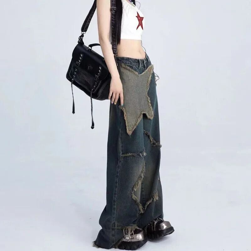 スターパッチジーンズ女性 Y2K グランジユーズド加工パッチワー