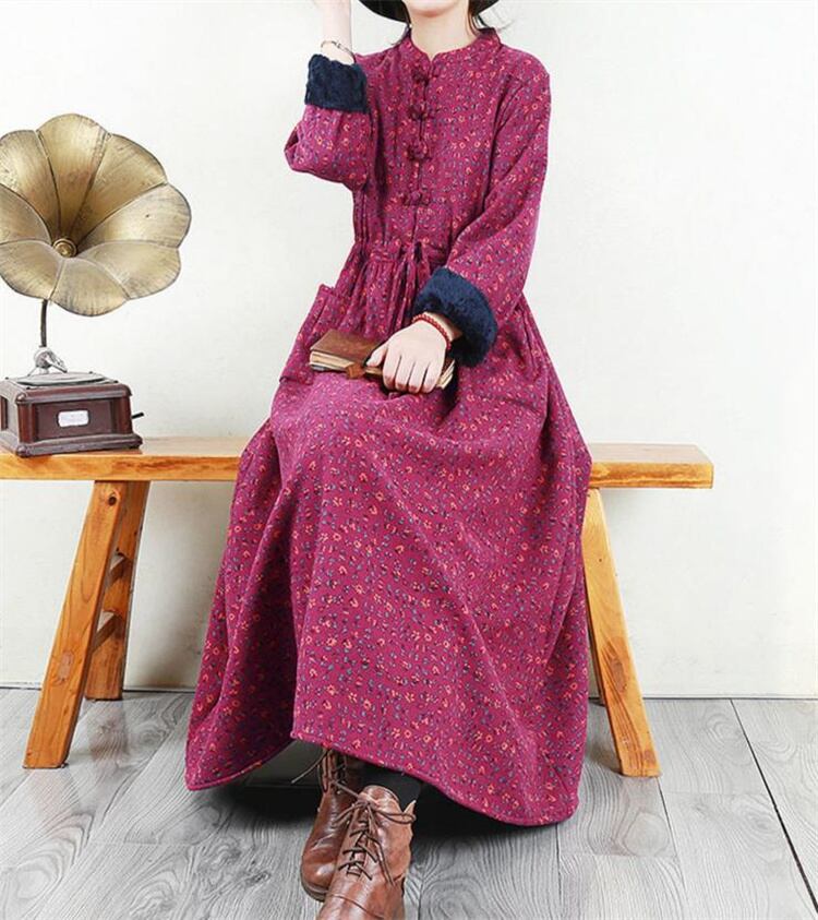 広く注目を集める コットン リネン ロングスカート フローラル ワンピース 長袖 アート レトロ