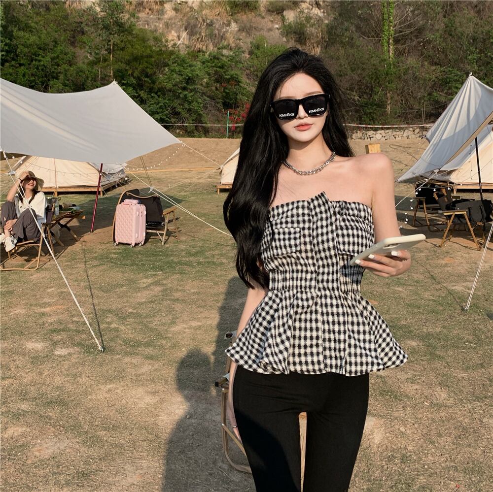 サマートップス 格子柄ウェストレッドシャツ レディース 夏物 ドラファッションホール68095647445