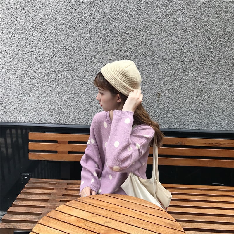 ポップでかわいい 3色 ドット柄長袖ルーズニット セーター ポップでかわいい 3色 ドット柄長袖ルーズニット セーター