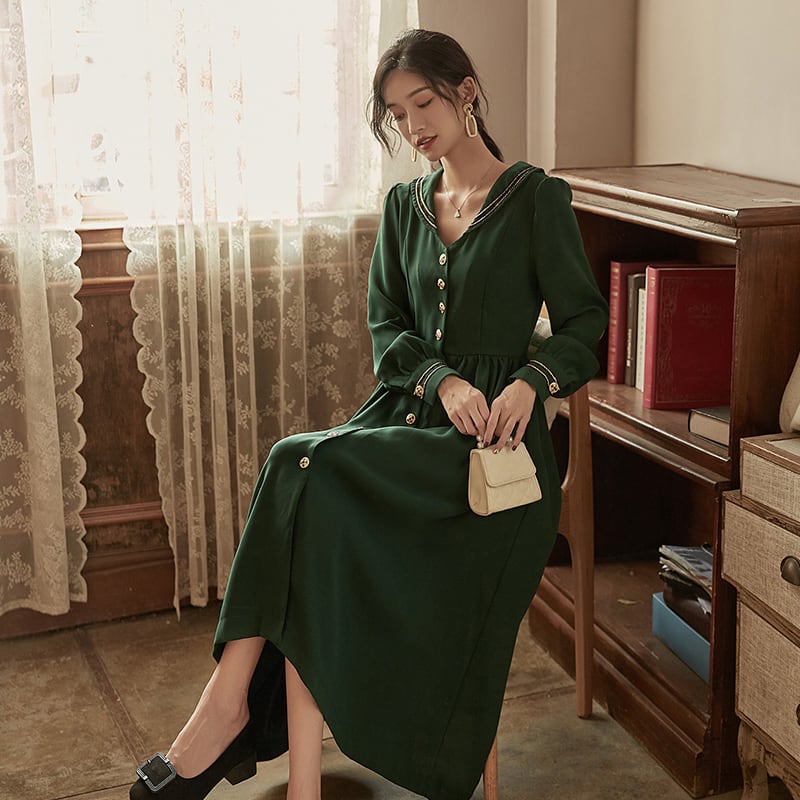 秋 冬 レディース ワンピース ロングワンピース グリーン 緑 長袖