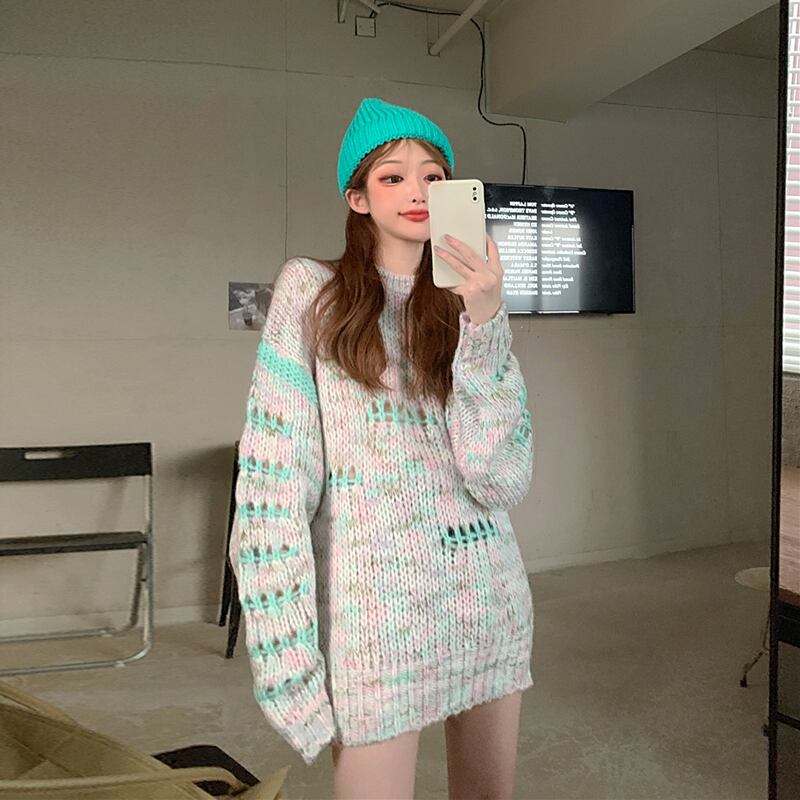 センスホール、中空ルーズアウターウェアセーター女性2020秋冬新イントレンドプルオーバーセータートップ ブラックストロベリース44440241675