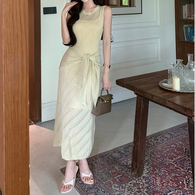 Sleeveless elegant slim fit long knit dress ( with shawl ) ( 2color )