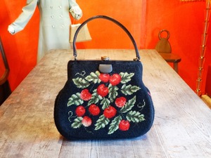 60s USA Needlepoint Embroidery Cherries Handbag