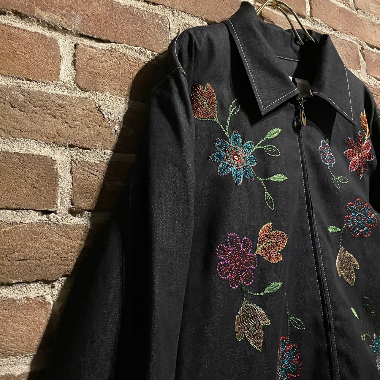 大きな取引 acr3】Artistic Caka Flower Zipup Denim Black Embroidery ワンピース
