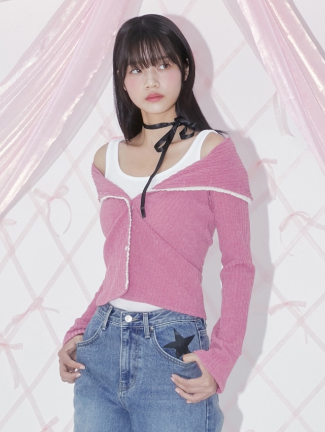 [MARGARIN FINGERS] LACE OFF-SHOULDER CARDIGAN (PINK) 正規品  韓国 ブランド 韓国ファッション 韓国代行 マーガリンフィンガーズ 日本 店舗