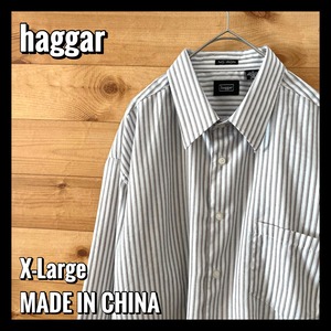 【haggar】ストライプ 柄シャツ 長袖シャツ NO IRON ホワイト×ブラウン X-Large ビッグサイズ US古着 アメリカ春先